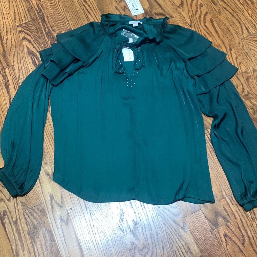 too, small, dark green. 100% Polyester, new with tags, never worn